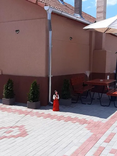 Masă cu scaune lângă casă, tuia în ghivece și o umbrelă de soare